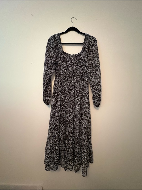 Japna Dresses & Skirts - Black Floral Smocked Long Sleeve Midi Dress Small